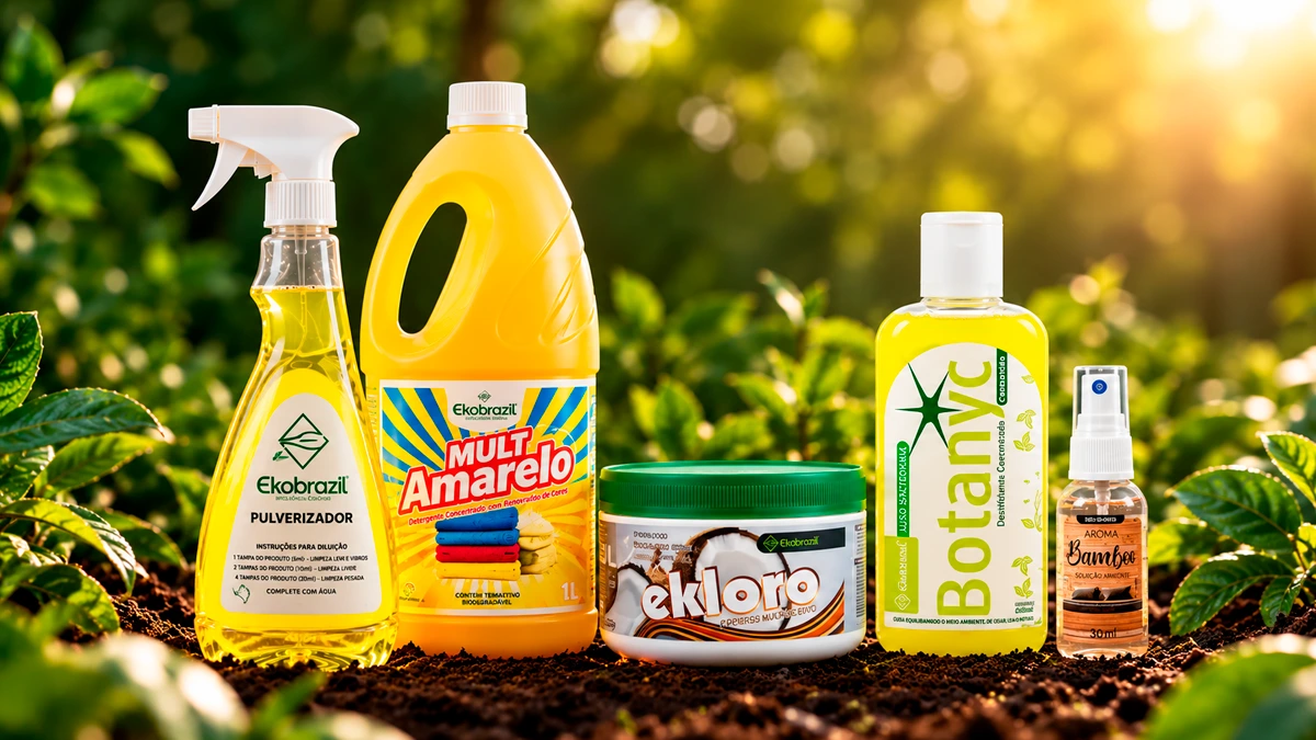 Produtos de limpeza biodegradáveis Ekobrazil organizados sobre bancada - detergente, desinfetante e limpador multiuso